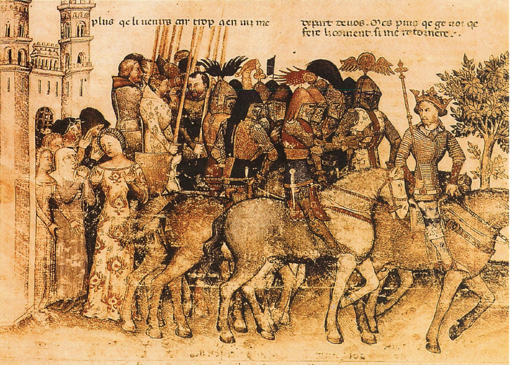 Arthur en de Graalridders gaan op weg om de Graal te zoeken. Frans handschrift, 13e eeuw.